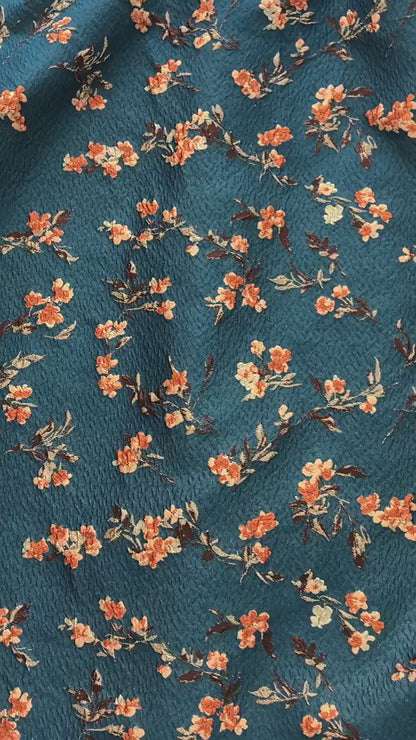 Teal 3D Embossed Small Floral Yarn-Dyed Fabric, Textured Woven Textile for Dresses, Jackets, Skirts, Bags and Sewing, 55" Wide