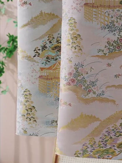 Garden Floral Landscape Brocade Jacquard Fabric, 3D Woven Textile for Kimono, Qipao, Hanfu, Jackets, Bags and Sewing, 59"W