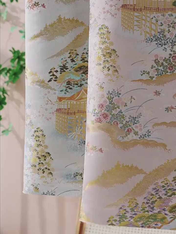 Garden Floral Landscape Brocade Jacquard Fabric, 3D Woven Textile for Kimono, Qipao, Hanfu, Jackets, Bags and Sewing, 59"W