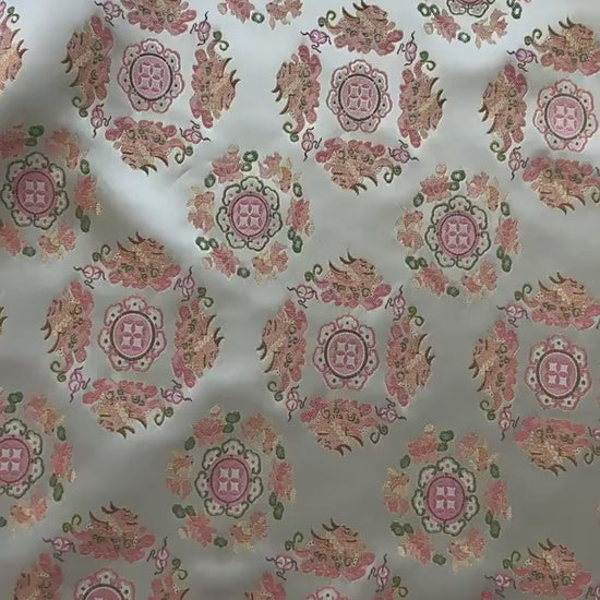 Chinese Jacquard Brocade Fabric, Pink Pixiu Koi Floral Medallion, Metallic Gold Thread, Qipao Hanfu Sewing Fabric, 64"Wide