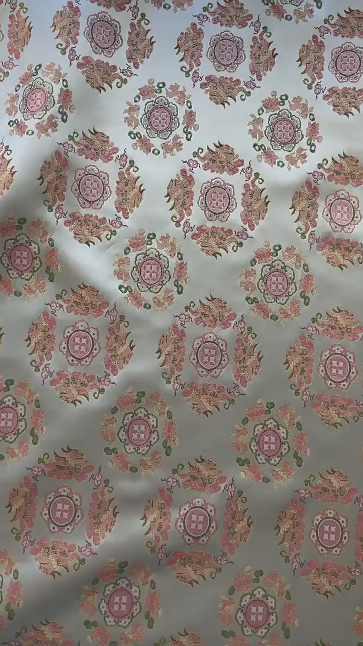 Chinese Jacquard Brocade Fabric, Pink Pixiu Koi Floral Medallion, Metallic Gold Thread, Qipao Hanfu Sewing Fabric, 64"Wide