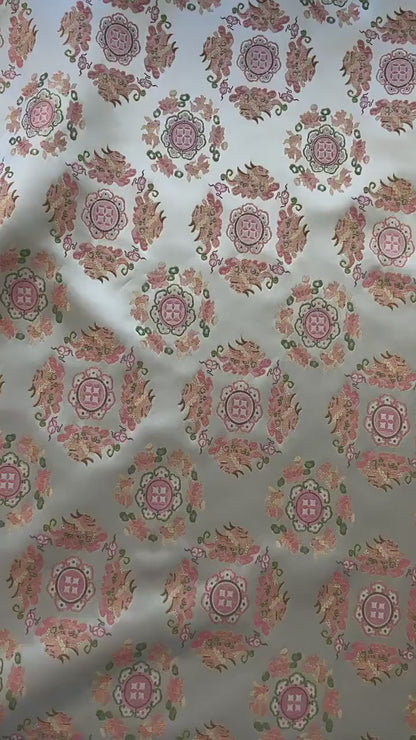 Chinese Jacquard Brocade Fabric, Pink Pixiu Koi Floral Medallion, Metallic Gold Thread, Qipao Hanfu Sewing Fabric, 64"Wide
