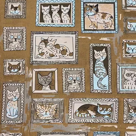 Retro Cat Print Fabric by Yard, Cartoon Cat Frames Cotton Blend Textile, Upholstery Fabric for Curtains Sofa Cushions Sewing Crafts, 63" W