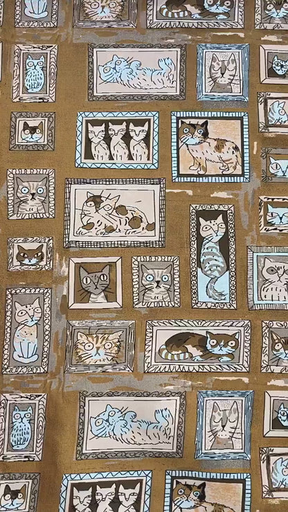 Retro Cat Print Fabric by Yard, Cartoon Cat Frames Cotton Blend Textile, Upholstery Fabric for Curtains Sofa Cushions Sewing Crafts, 63" W