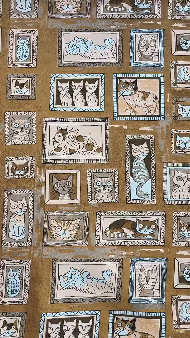 Retro Cat Print Fabric by Yard, Cartoon Cat Frames Cotton Blend Textile, Upholstery Fabric for Curtains Sofa Cushions Sewing Crafts, 63" W