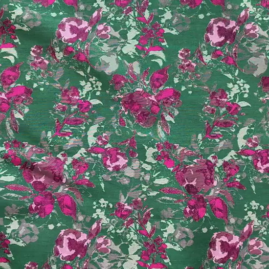 Green Floral Fabric by Yard, French Vintage Jacquard Textile, Pink Flower Dress Fabric for Sewing Crafts Home Decor, 65"Wide