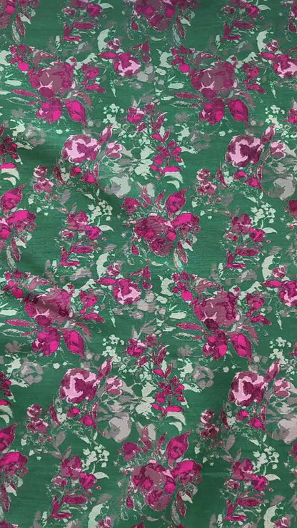 Green Floral Fabric by Yard, French Vintage Jacquard Textile, Pink Flower Dress Fabric for Sewing Crafts Home Decor, 65"Wide