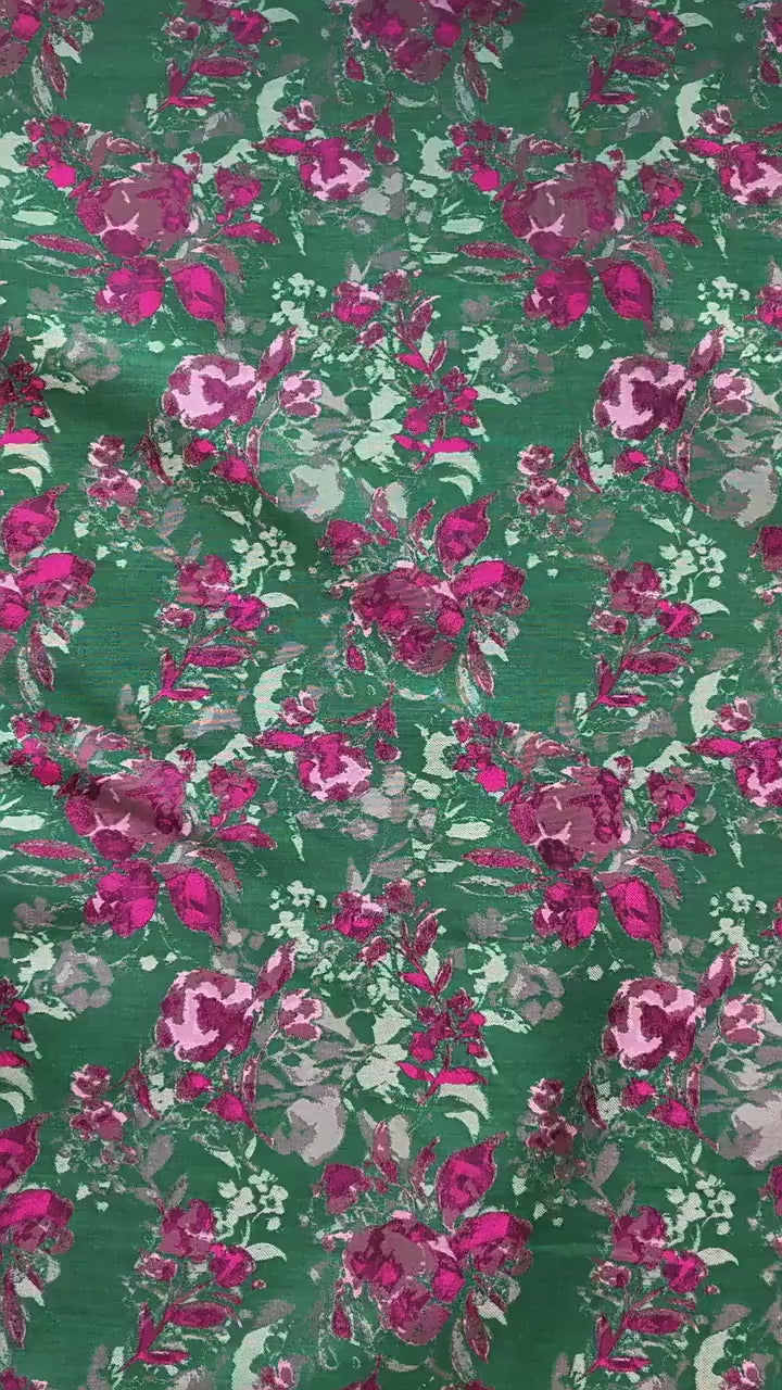 Green Floral Fabric by Yard, French Vintage Jacquard Textile, Pink Flower Dress Fabric for Sewing Crafts Home Decor, 65"Wide