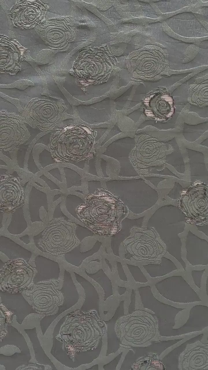 Vintage Rose Cutwork Jacquard Fabric, Embossed Floral Woven Textile, Dark Green Brocade Fabric for Dress, Jacket, DIY Sewing, 53"Wide