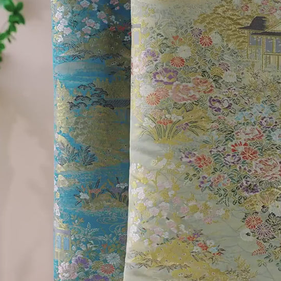 Garden Pavilion Floral Brocade Jacquard Fabric, 3D Scenic Woven Textile for Kimono, Hanfu, Qipao, Jackets, Bags and Sewing, 59"W