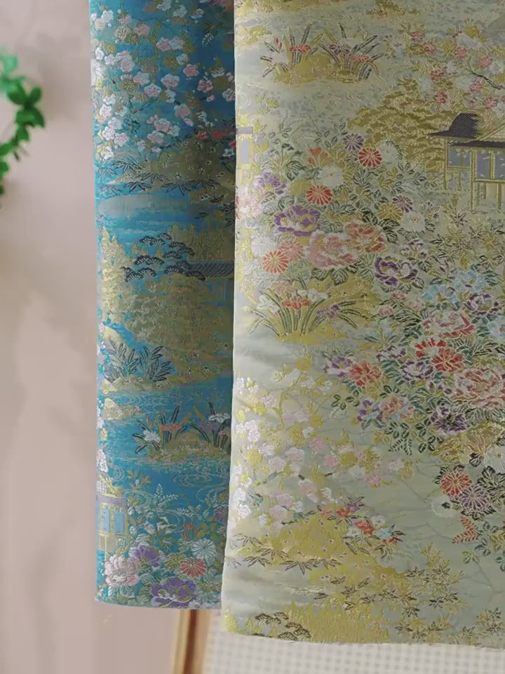 Garden Pavilion Floral Brocade Jacquard Fabric, 3D Scenic Woven Textile for Kimono, Hanfu, Qipao, Jackets, Bags and Sewing, 59"W