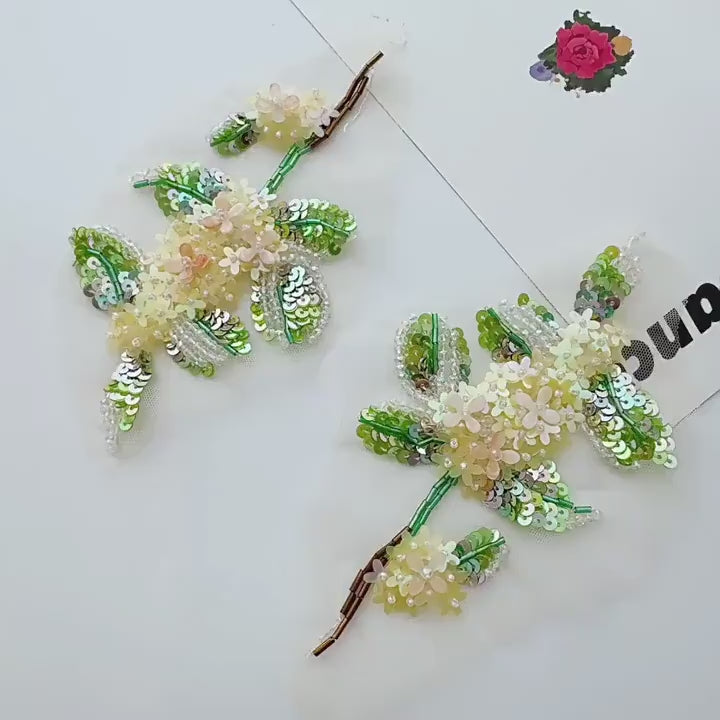 Yellow Green Beaded Floral Applique, 3D Sequin Flower Branch with Pearl Details for Gown, Hanfu, Bridal & Stage Costume