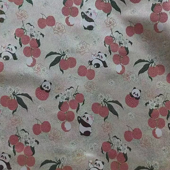 Panda Lychee Jacquard Brocade Fabric, Ivory Botanical Metallic Thread Chinese Style Fabric for Qipao, Dress and Crafts