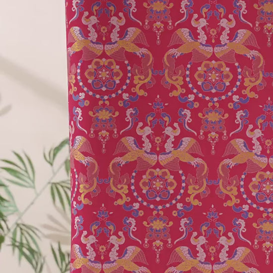 Red Song Brocade Fabric Double Bird Jacquard Satin Ethnic Tibetan Mongolian Traditional Silk Damask Costume Upholstery Fabric Luxury Textile