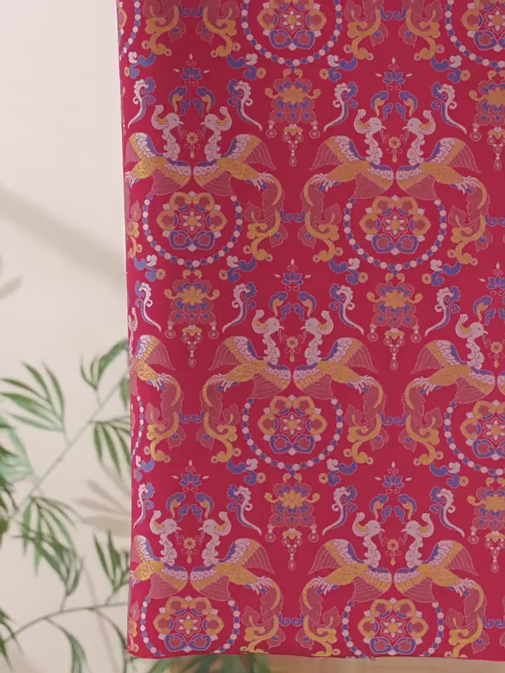 Red Song Brocade Fabric Double Bird Jacquard Satin Ethnic Tibetan Mongolian Traditional Silk Damask Costume Upholstery Fabric Luxury Textile
