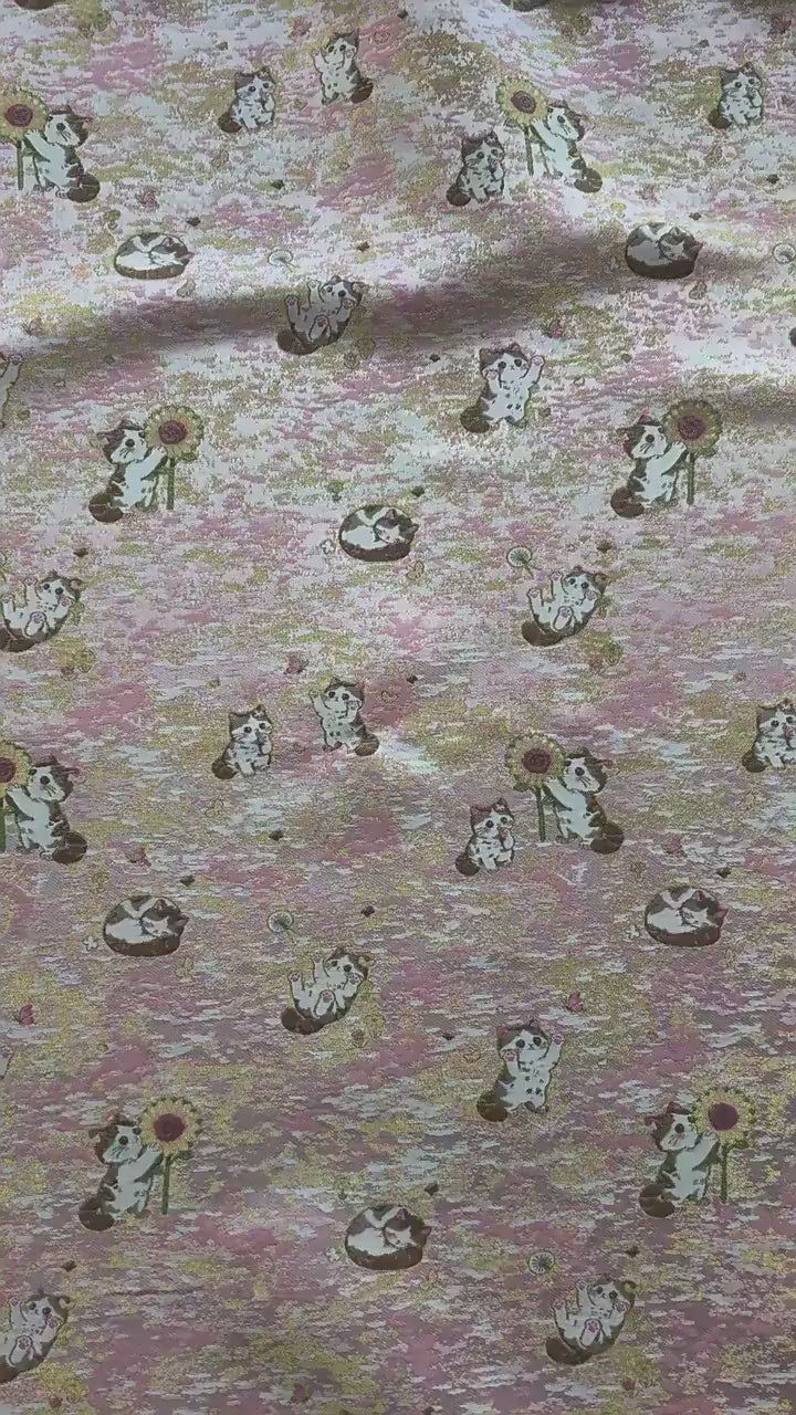 Song Brocade Jacquard Fabric | Gold Thread Cat Sunflower Pattern Textile | Chinese Inspired Woven Fabric By Yard, 59" Wide