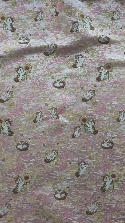 Song Brocade Jacquard Fabric | Gold Thread Cat Sunflower Pattern Textile | Chinese Inspired Woven Fabric By Yard, 59" Wide