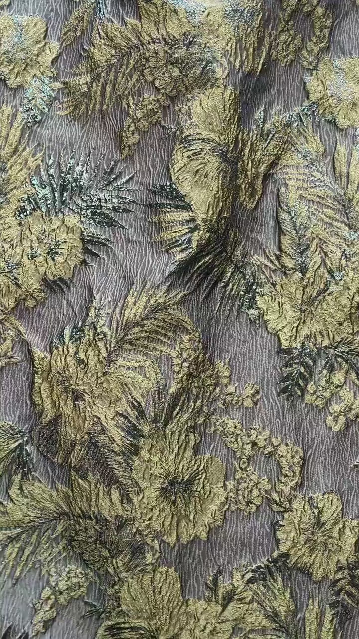 Moss Green Palm Leaf Jacquard Fabric by Yard, Vintage Embossed Botanical Textile, Luxury Draped Fabric for Fashion Decor, 55" Wide