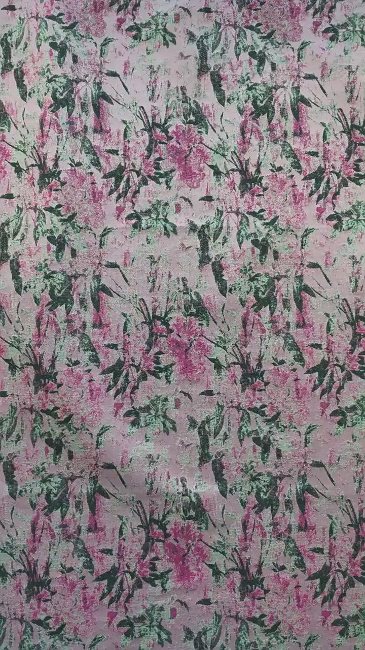 Vintage Pink Floral Jacquard Fabric, Watercolor Botanical Woven Textile, Retro Flower Fabric for Dress, Blouse, Sewing DIY, 56"Wide