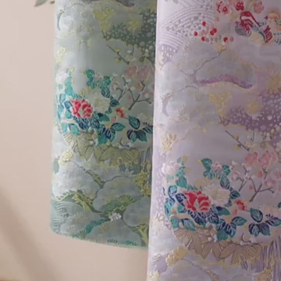 Japanese Floral Brocade Fabric by Yard, Colorful Kimono Jacquard Satin, Gold Metallic Fabric for Dress Obi Crafts, 59"Wide