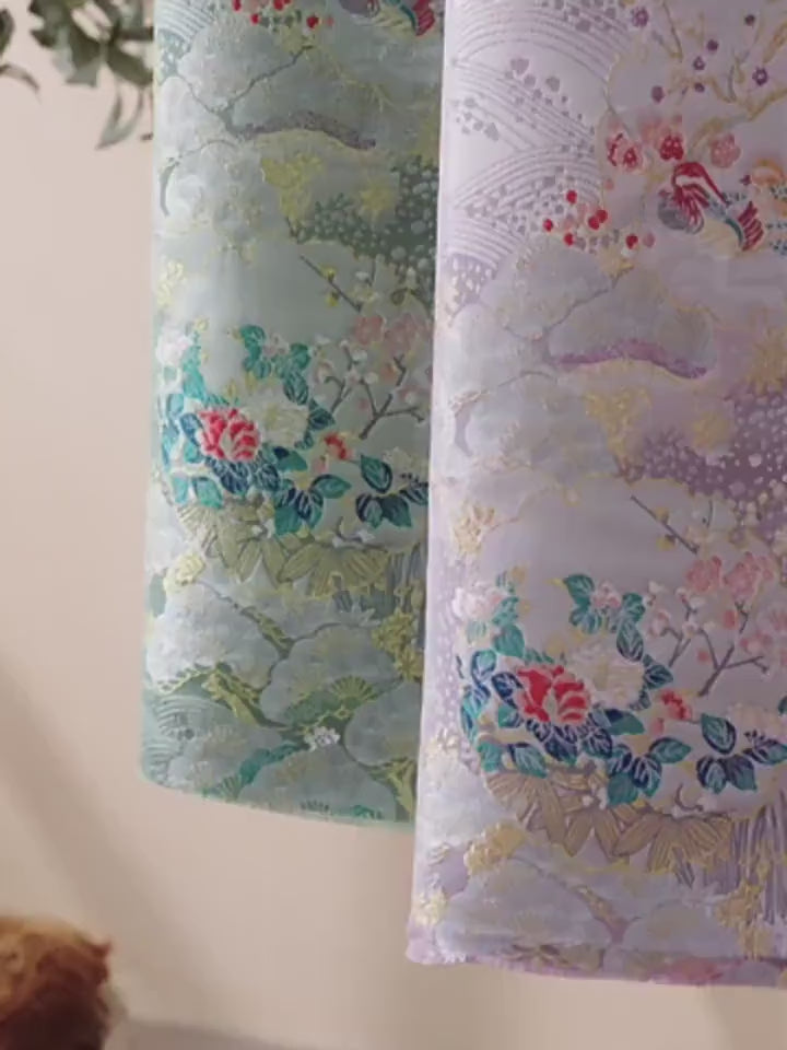 Japanese Floral Brocade Fabric by Yard, Colorful Kimono Jacquard Satin, Gold Metallic Fabric for Dress Obi Crafts, 59"Wide