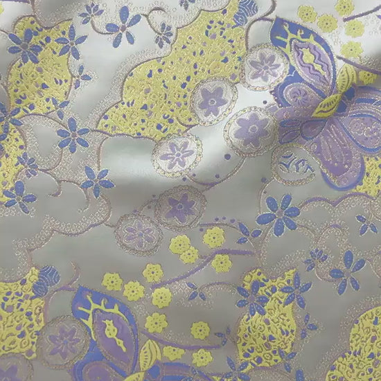 Butterfly Floral Jacquard Fabric Yellow Purple | Gold Thread Brocade | 64" Wide | Vintage Hanfu Dress Cosplay