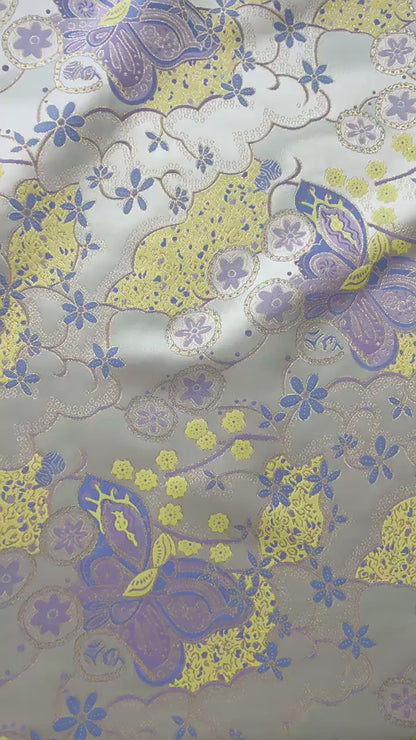 Butterfly Floral Jacquard Fabric Yellow Purple | Gold Thread Brocade | 64" Wide | Vintage Hanfu Dress Cosplay
