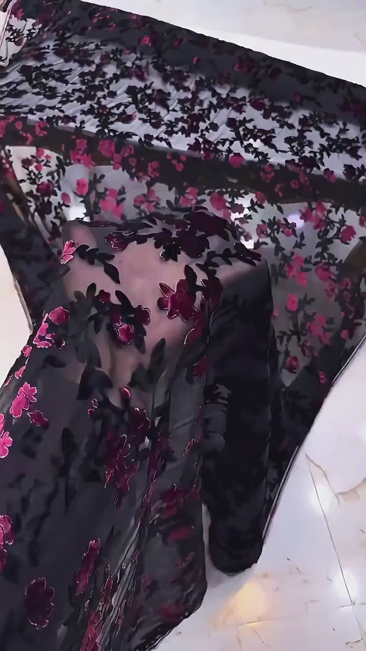 Burnout Floral Viscose Velvet Fabric: Soft Drape for Kimono, Costume