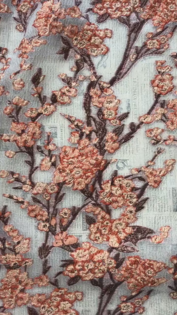 Plum Blossom Embossed Jacquard Fabric by Yard, Semi Sheer Floral Textile, Spring Summer Designer Fabric for Dresses Shawls, 55"Wide