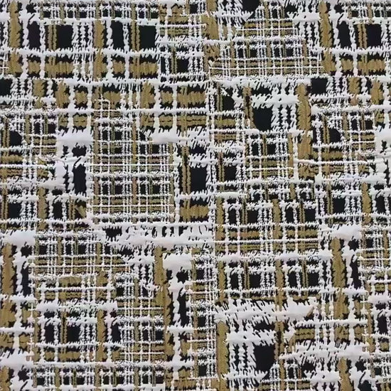 Vintage Chanel Style Jacquard Fabric, 3D Embossed Tweed Check Textile, Black Gold White Woven Fabric, Luxury Fashion Upholstery Material