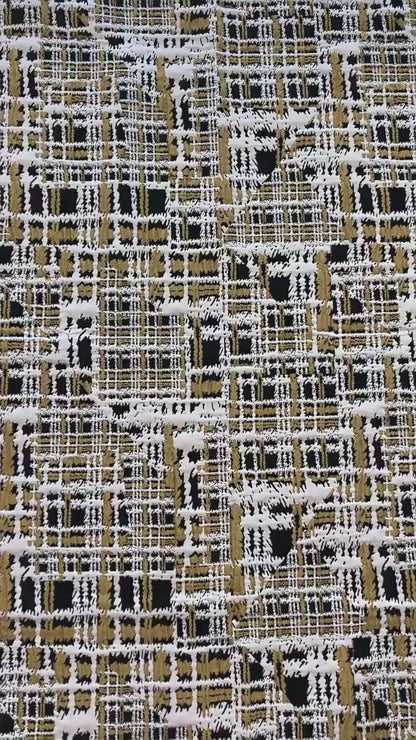 Vintage Chanel Style Jacquard Fabric, 3D Embossed Tweed Check Textile, Black Gold White Woven Fabric, Luxury Fashion Upholstery Material