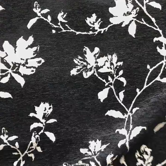 Black White Chenille Floral Vine Fabric, Woven Botanical Upholstery Fabric for Sofa, Curtains, Furniture Decor by the Yard