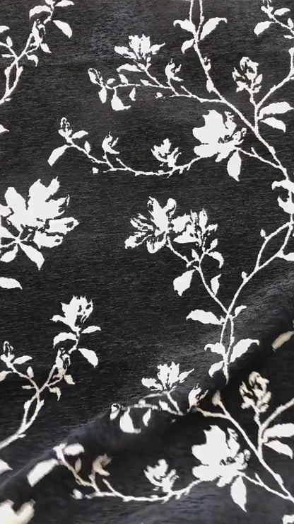 Black White Chenille Floral Vine Fabric, Woven Botanical Upholstery Fabric for Sofa, Curtains, Furniture Decor by the Yard