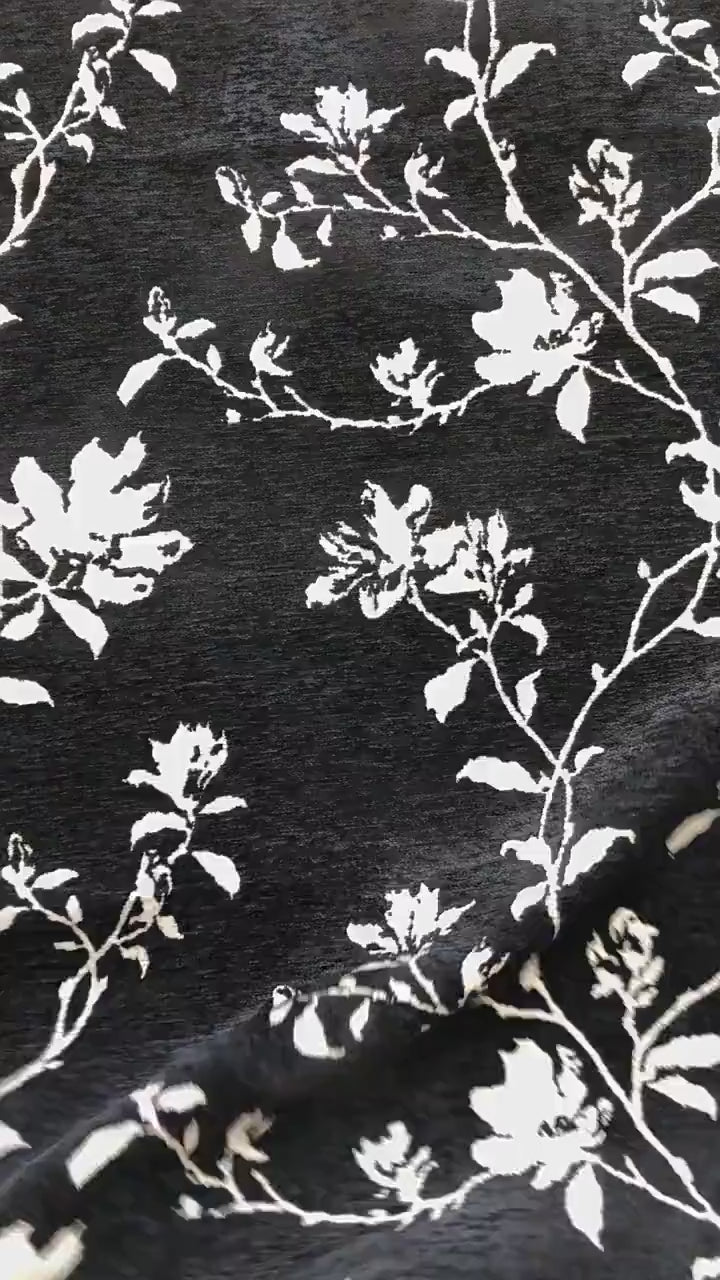 Black White Chenille Floral Vine Fabric, Woven Botanical Upholstery Fabric for Sofa, Curtains, Furniture Decor by the Yard