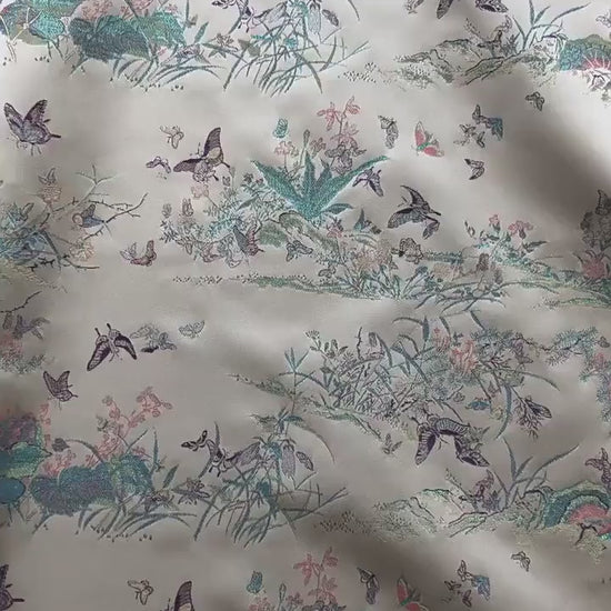 Light Apricot Butterfly Botanical Song Brocade Fabric, Chinese Jacquard Textile for Qipao, Hanfu, Dresses, Bags and Sewing