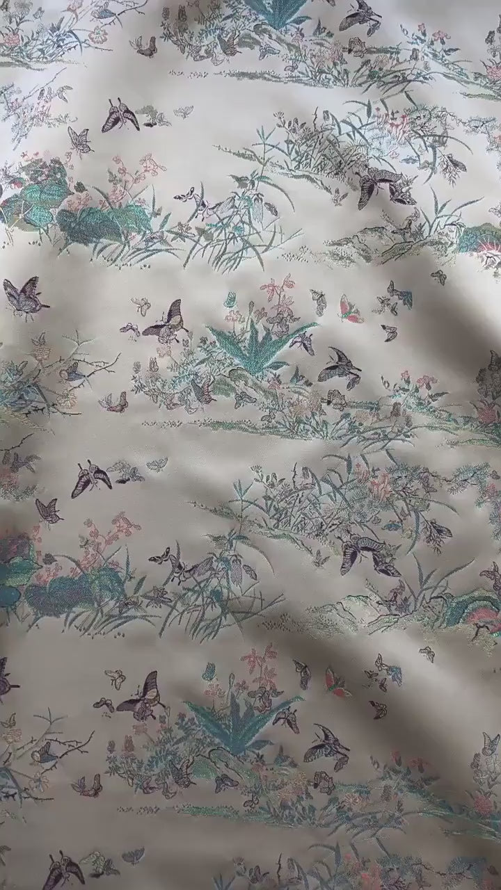 Light Apricot Butterfly Botanical Song Brocade Fabric, Chinese Jacquard Textile for Qipao, Hanfu, Dresses, Bags and Sewing