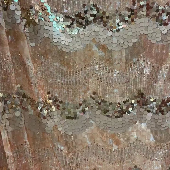Mixed Size Sequin Embroidered Mesh Fabric, Champagne Gold Silver Stripe Fabric for Evening Gown, Stage Costume and Formal Dress - 49"W