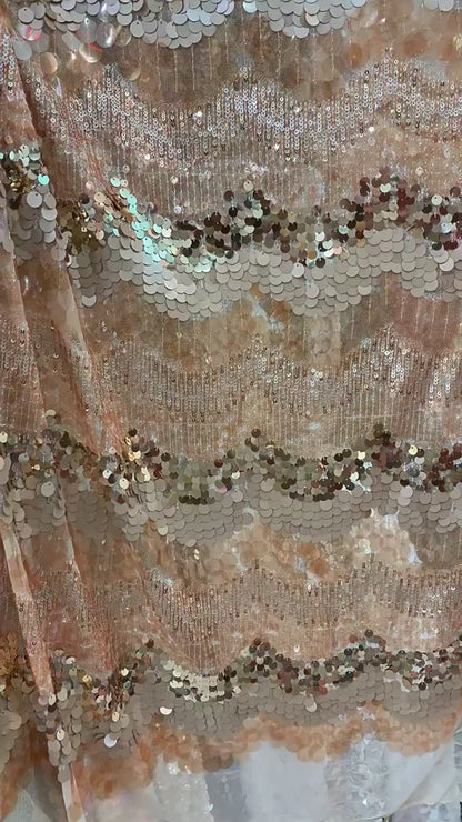 Mixed Size Sequin Embroidered Mesh Fabric, Champagne Gold Silver Stripe Fabric for Evening Gown, Stage Costume and Formal Dress - 49"W