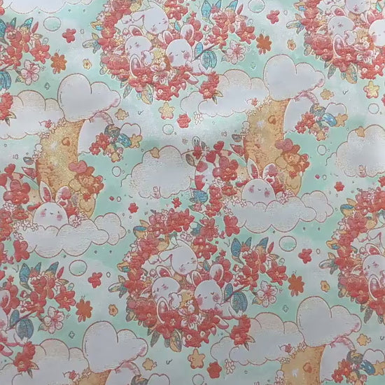 Blooming Cloud Rabbit Song Brocade Fabric, Chinese Jacquard Brocade with Gold Thread, Rabbit Floral Fabric for Hanfu Qipao Decor, 65"Wide