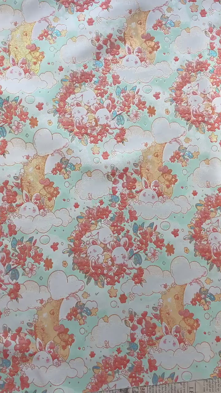 Blooming Cloud Rabbit Song Brocade Fabric, Chinese Jacquard Brocade with Gold Thread, Rabbit Floral Fabric for Hanfu Qipao Decor, 65"Wide