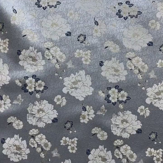 Light Blue Butterfly Camellia Song Brocade Fabric, Yarn-Dyed Floral Jacquard Textile for Qipao, Hanfu, Dresses, Bags and Sewing, 59"Wide