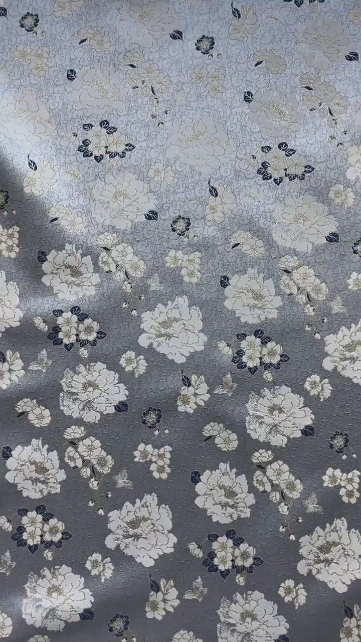 Light Blue Butterfly Camellia Song Brocade Fabric, Yarn-Dyed Floral Jacquard Textile for Qipao, Hanfu, Dresses, Bags and Sewing, 59"Wide