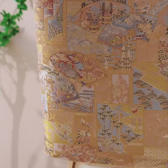 Fan Motif Brocade Jacquard Fabric, Gold Ornamental Woven Textile for Qipao, Jackets, Bags, Crafts and Home Decor