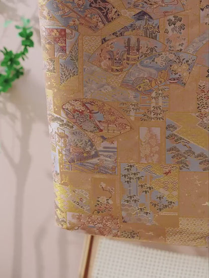 Fan Motif Brocade Jacquard Fabric, Gold Ornamental Woven Textile for Qipao, Jackets, Bags, Crafts and Home Decor