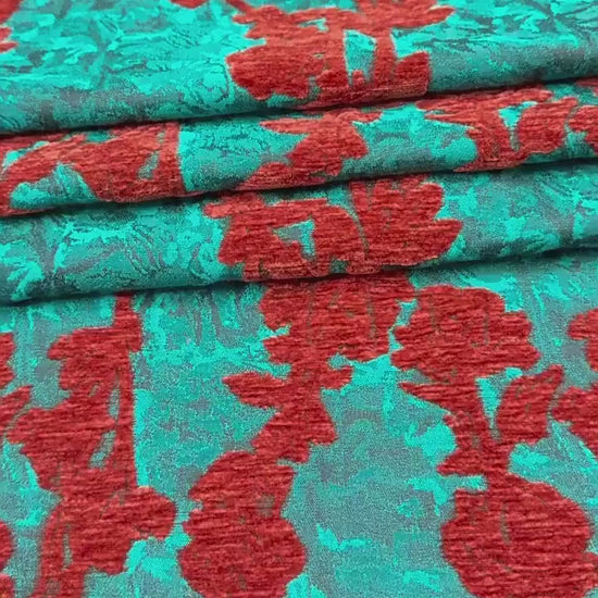 Teal & Rust Rayon Chenille Jacquard Fabric, 3D Flocked Floral Textile for Dresses, Vests, Jackets and Sewing, 56"Wide