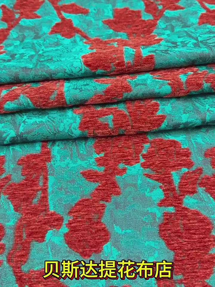 Teal & Rust Rayon Chenille Jacquard Fabric, 3D Flocked Floral Textile for Dresses, Vests, Jackets and Sewing, 56"Wide