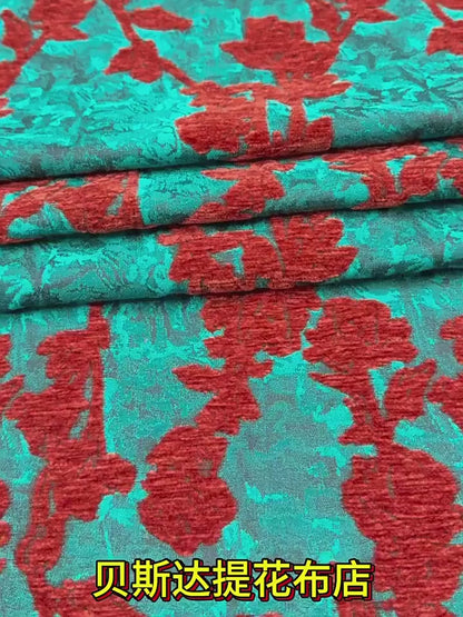 Teal & Rust Rayon Chenille Jacquard Fabric, 3D Flocked Floral Textile for Dresses, Vests, Jackets and Sewing, 56"Wide
