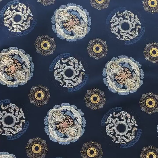 Navy Dragon Medallion Song Brocade Fabric, Yarn-Dyed Jacquard Textile for Qipao, Jackets, Bags, Home Decor and Sewing, 59"Wide
