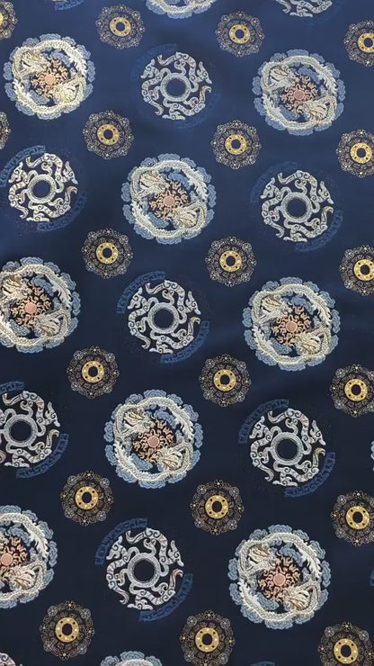 Navy Dragon Medallion Song Brocade Fabric, Yarn-Dyed Jacquard Textile for Qipao, Jackets, Bags, Home Decor and Sewing, 59"Wide