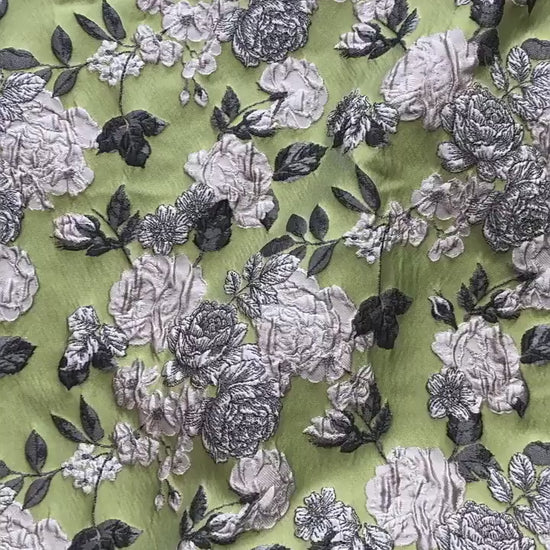 Lime Green & Silver 3D Embossed Floral Yarn-Dyed Fabric, Textured Woven Textile for Dresses, Jackets, Skirts, Bags and Sewing - 55"W